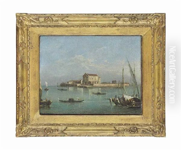 The Island Of San Cristoforo, Near Murano, Venice, With Boats And Gondolas In The Foreground Oil Painting by Giacomo Guardi