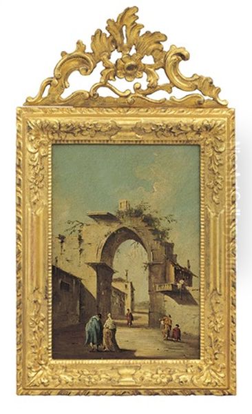 Capriccio Con Arco Classico In Rovina E Mura Di Paese Oil Painting by Giacomo Guardi