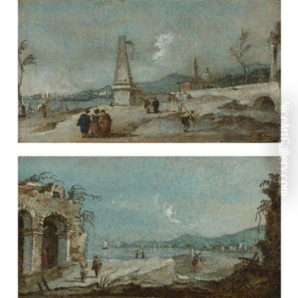 A Capriccio With A Ruined Arch And Figures (+ A Capriccio With An Obelisk And Figures; Pair) Oil Painting by Giacomo Guardi