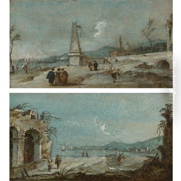 A Capriccio With A Ruined Arch And Figures (+ A Capriccio With An Obelisk And Figures; Pair) Oil Painting by Giacomo Guardi