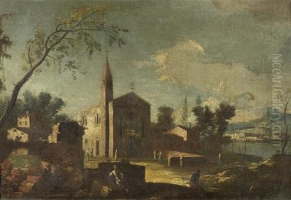 Mediterrane Landschaft Mit Figuren - Und Architekturstaffage Oil Painting by Giacomo Guardi