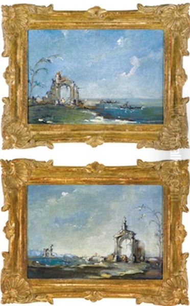 Architekturcapricci Aus Der Lagune Von Venedig - Coppia Di Capricci Veneziani (pair) Oil Painting by Giacomo Guardi