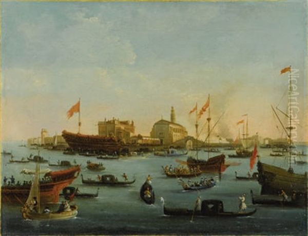 Doge In The Bucintoro Departing For The Lido On Ascension Day (+ Doge In The Bucintoro Leaving San Nicolo De Lido; Pair) Oil Painting by Giacomo Guardi