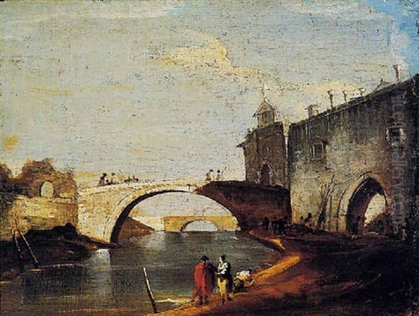 Capriccio Lagunare Con Due Ponti E Figure Oil Painting by Giacomo Guardi