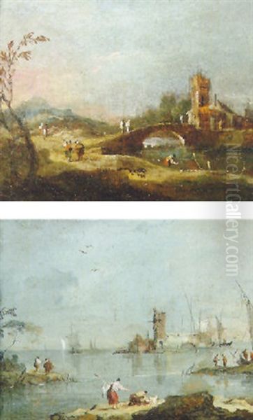 A Landscape With Figures Crossing A Bridge, A Tower Beyond Oil Painting by Giacomo Guardi