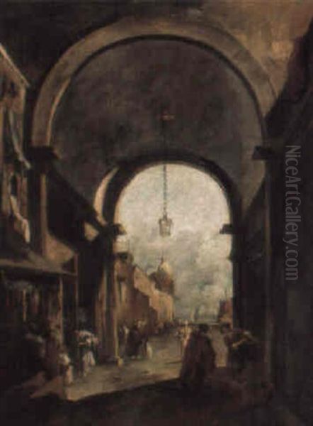 A Venetian Alley With Peasants Conversing With Shopkeepers In An Archway Oil Painting by Giacomo Guardi