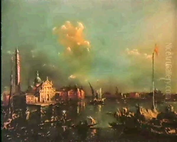 L'isola Di San Giorgio Maggiore A Venise Avec Des Gondoles  Et Des Barges Oil Painting by Giacomo Guardi