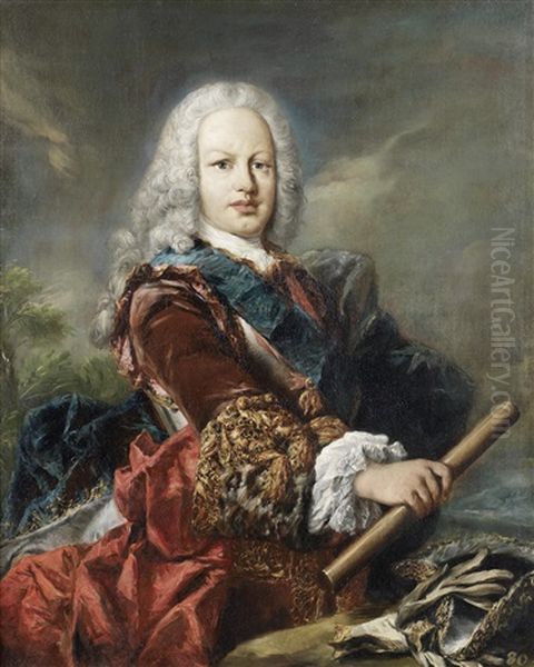 Portrait Of Ferdinand Of Spain, As The Prince Of Asturias, Later King Ferdinand Vi, In A Velvet Coat With Gold Embroidered Decoration, Wearing The Order Of The Golden Fleece And Holding A Baton Oil Painting by Giovanni Antonio Guardi