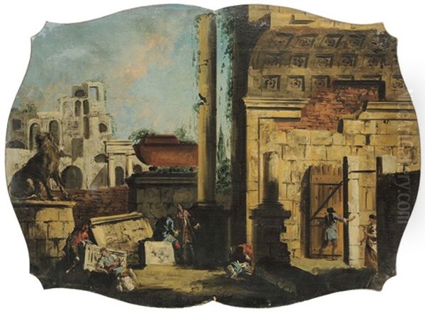 Capriccio Con Rovine Classiche E Uomini Con Una Scala (+ Capriccio Con Rovine Classiche E Uomini In Riposo; Pair) Oil Painting by Giovanni Antonio Guardi