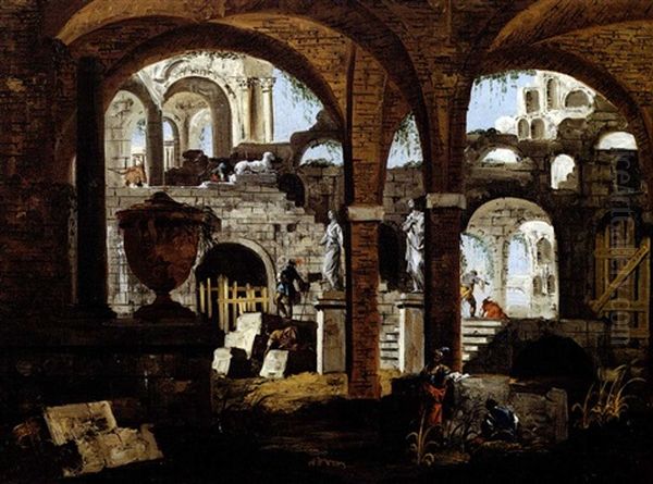 Capriccio Con Portico, Rovine E Statue Oil Painting by Giovanni Antonio Guardi