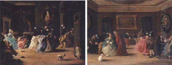 Venetian Interior With Elegant Masked Figures Oil Painting by Giovanni Antonio Guardi