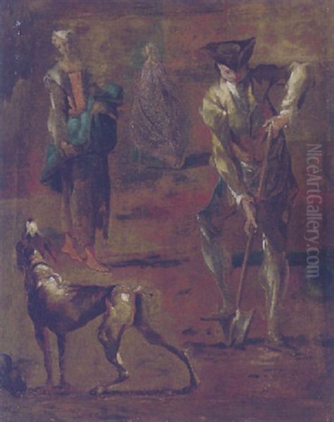 A Dog, A Man Digging, A Peasant Woman Carrying A Child And A Lady Beyond Oil Painting by Giovanni Antonio Guardi