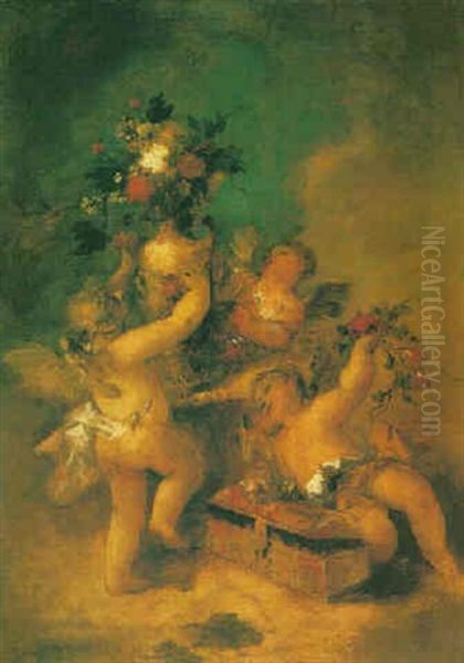 Amorini With A Casket And A Vase Of Flowers Oil Painting by Giovanni Antonio Guardi