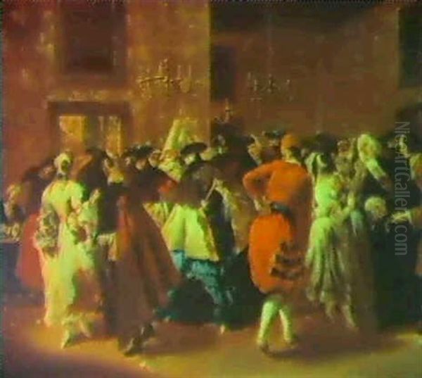 A Masked Ball With Ladies And Gentlemen In Carnival Costume In The Grand Hall Of The Ridotto In The Palazzo Dandalo Oil Painting by Giovanni Antonio Guardi