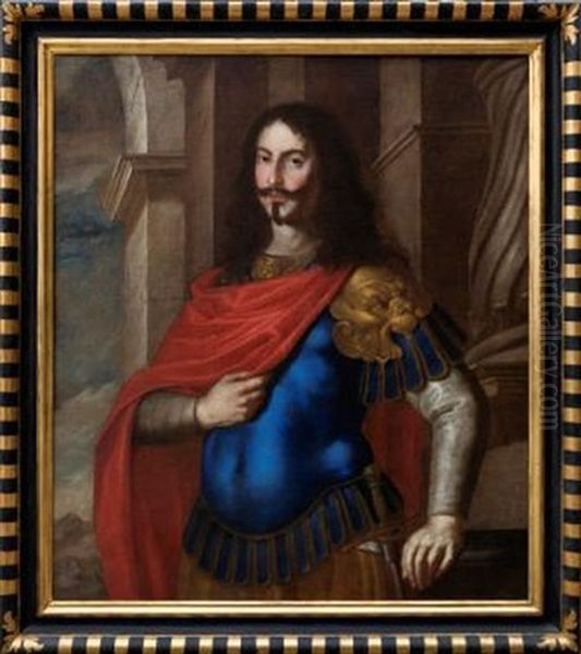 Portrait Presume D'un Prince Orsini Des Ducs De Gravina Et Princes De Solofra, Represente En Armure A L'antique Et Manteau Rouge Dans Une Architecture Oil Painting by Francesco Guarino