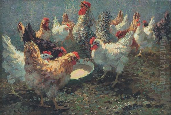 Galline All'aperto Oil Painting by Giovanni Guarlotti