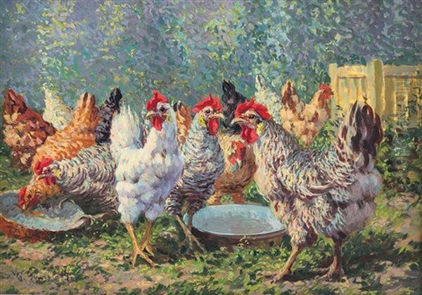 Gallo E Galline All'aperto Oil Painting by Giovanni Guarlotti