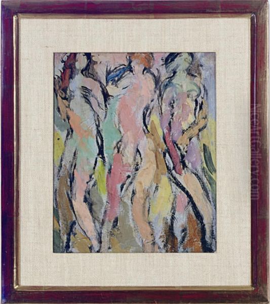 Three Figures With Greenish Background Oil Painting by Eugenie Baizerman