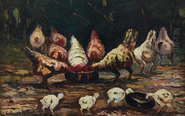 Galline E Pulcini All'aperto Oil Painting by Giovanni Guarlotti