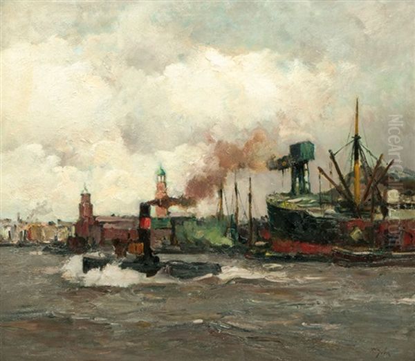 Tug-boat In The Port Of Hamburg Oil Painting by Rudolf Anton Guba