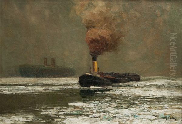 Ships On The Frozen Elbe Oil Painting by Rudolf Anton Guba