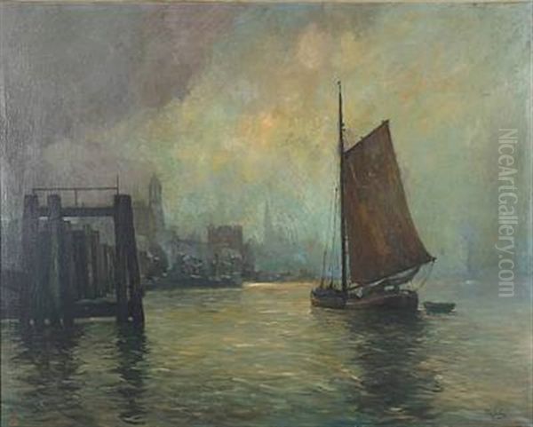 Harbour Scene From Hamburg Oil Painting by Rudolf Anton Guba