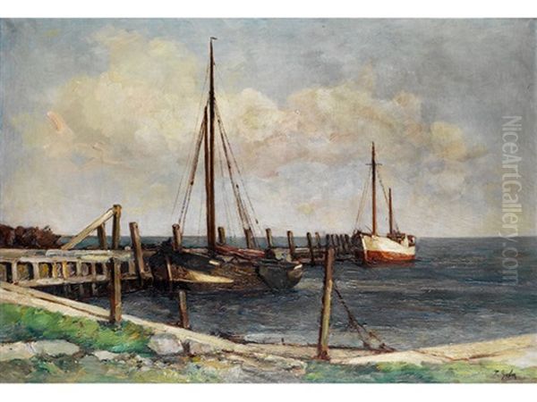 Fischerboote Am Ufer Oil Painting by Rudolf Anton Guba