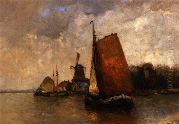 Uferstuck Mit Segelbooten Und Windmuhle Oil Painting by Rudolf Anton Guba