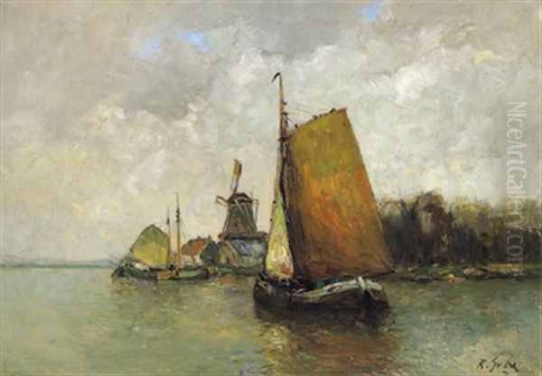 Fischerboot Vor Hollandischer Uferlandschaft Oil Painting by Rudolf Anton Guba