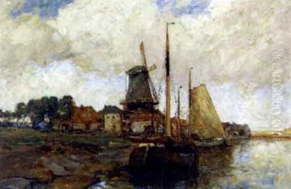 A Dutch Canal Oil Painting by Rudolf Anton Guba