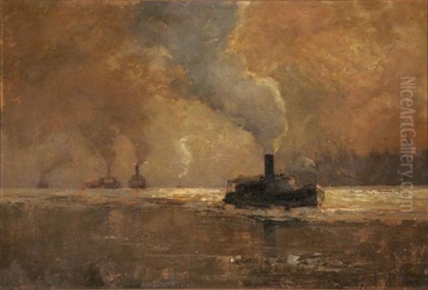 Barkasse Auf Der Elbe Am Winterabend Oil Painting by Rudolf Anton Guba