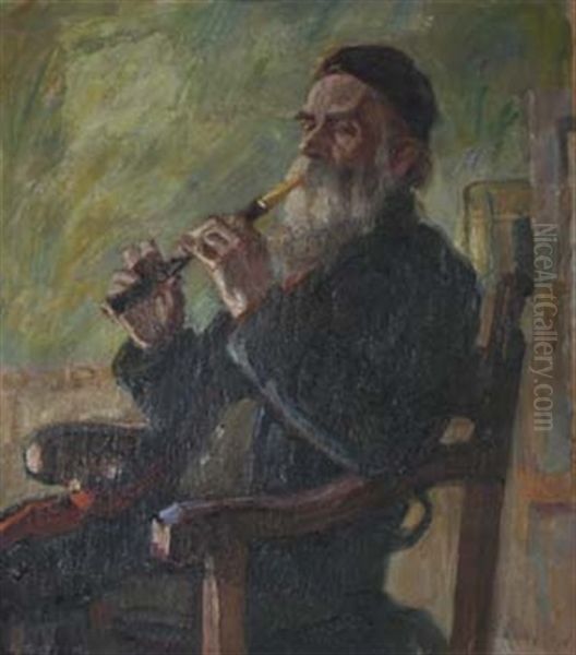 Bartiger, Alterer Mann Beim Flote Spielen Oil Painting by Rudolf Gudden