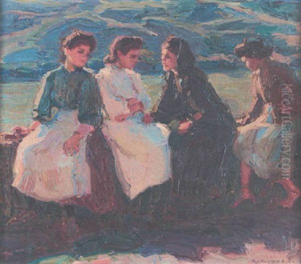 Vier Madchen Auf Einer Kaimauer In Abendsonne Oil Painting by Rudolf Gudden