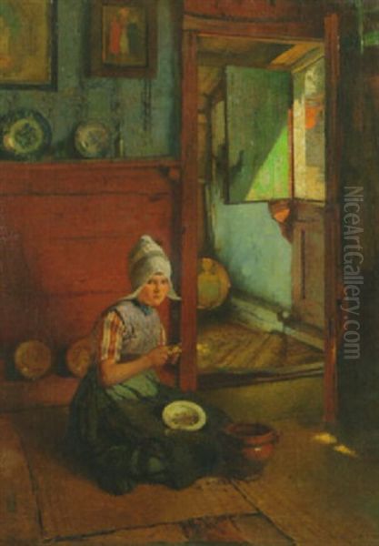 A Girl Peeling Potatoes In A Kitchen, Volendam Oil Painting by Rudolf Gudden