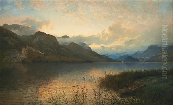 View Of Wolfgangsee Oil Painting by Hans Frederick Gude