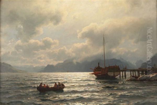 Forankret Bat Ved Brygge I Sandviksfjorden Oil Painting by Hans Frederick Gude