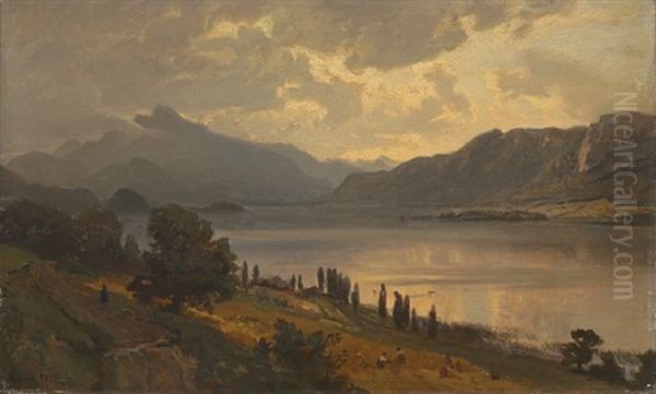 Mondsee Og Schaafberg I Salzkammergut Oil Painting by Hans Frederick Gude