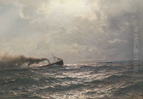 Dampskip I Havsnod - Moonlight Near Copenhagen Oil Painting by Hans Frederick Gude