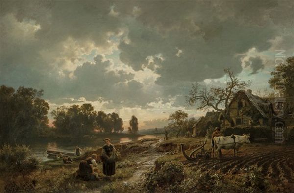 German Landscape In Spring, With Oxen Ploughing 1860 Oil Painting by Hans Frederick Gude