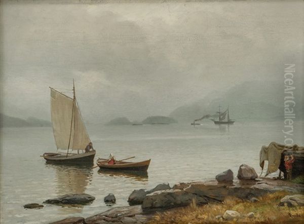 Fjordlandskap Med Folkeliv Oil Painting by Hans Frederick Gude