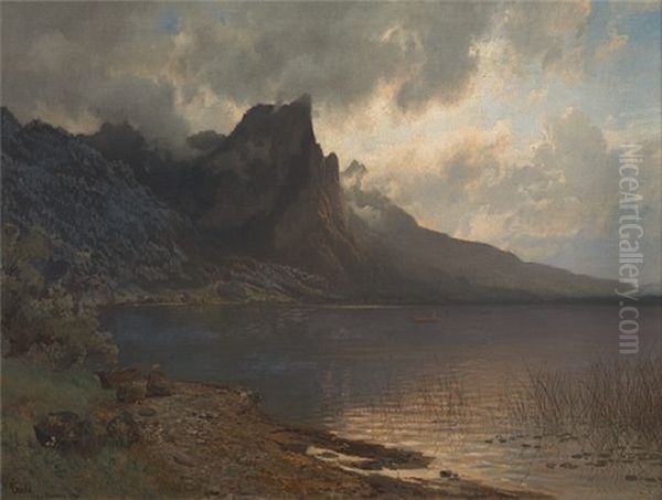 Landskap Fra Mondsee Med Drageveggen Oil Painting by Hans Frederick Gude