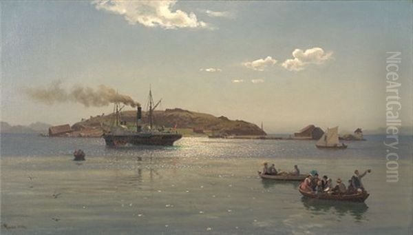 Fjordlandskap Med Dampbat Og Robater Oil Painting by Hans Frederick Gude