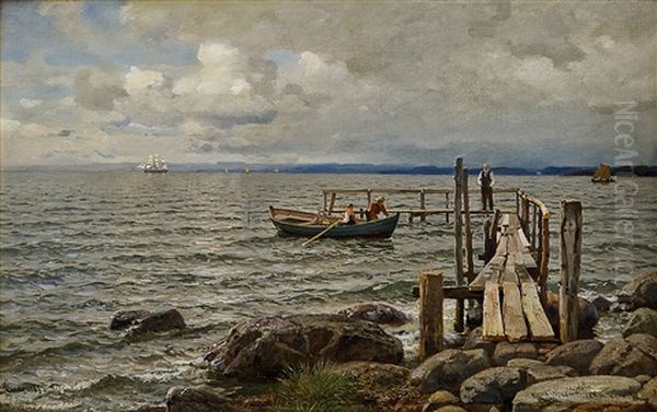 Landgangsbrygge Ved Feste Moss Oil Painting by Hans Frederick Gude