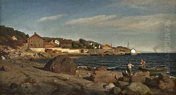 Sundbryggen I Drobak by Hans Frederick Gude