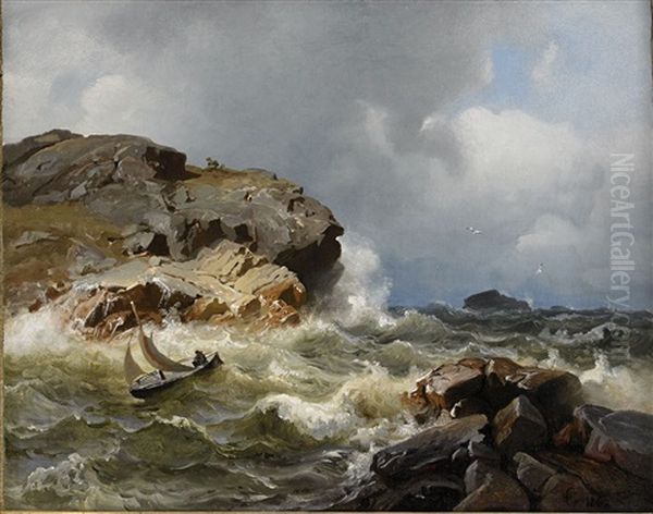 Stormigt Hav Oil Painting by Hans Frederick Gude