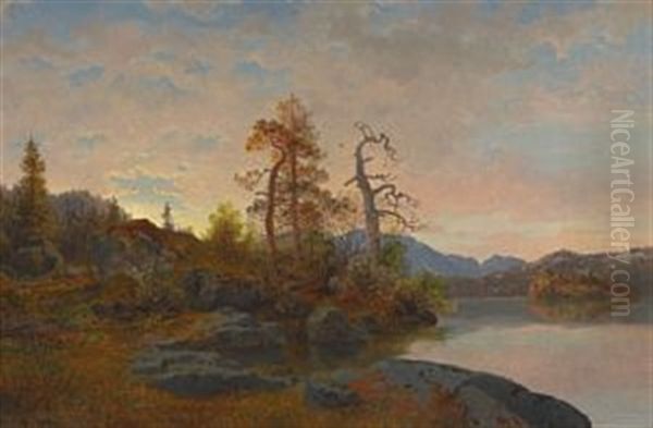 Skoglandskap Med Innsjo Oil Painting by Hans Frederick Gude