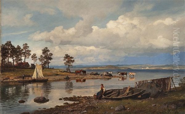 Fjord Landscape With People Oil Painting by Hans Frederick Gude