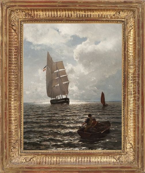 Boats In The Open Sea With Fishermen Pulling Nets by Hans Frederick Gude