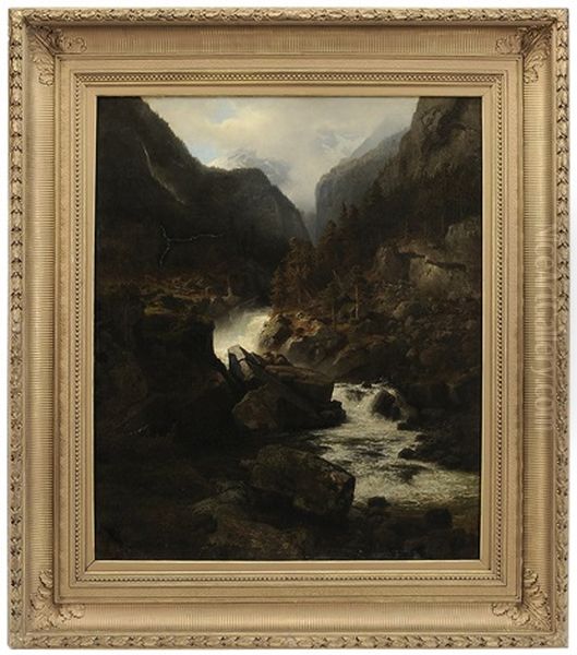 Alpine Torrent Oil Painting by Hans Frederick Gude