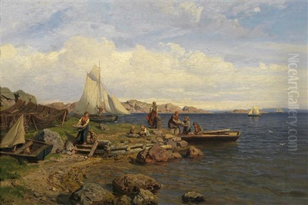 Ankunft Der Fischer Am Meeresufer Oil Painting by Hans Frederick Gude